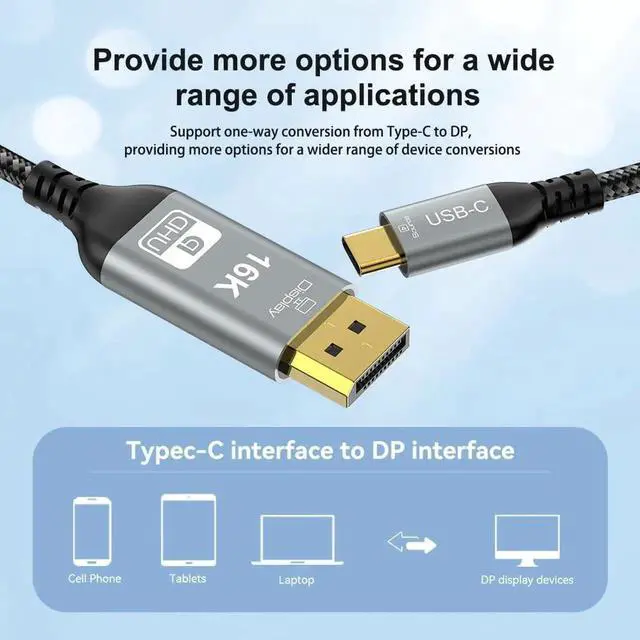 Alt view image 2 of 7 - USB-C Thunderbolt 4 to DisplayPort 2.1 2m 12Bit Ultra HD 16K Video USB 4.0 Thunder Bolt 5 DP 2.0 Cable 16K(15360x8640)@60Hz 4K@240Hz 8K@120Hz Display Port 2.1 Compatible with MacBook