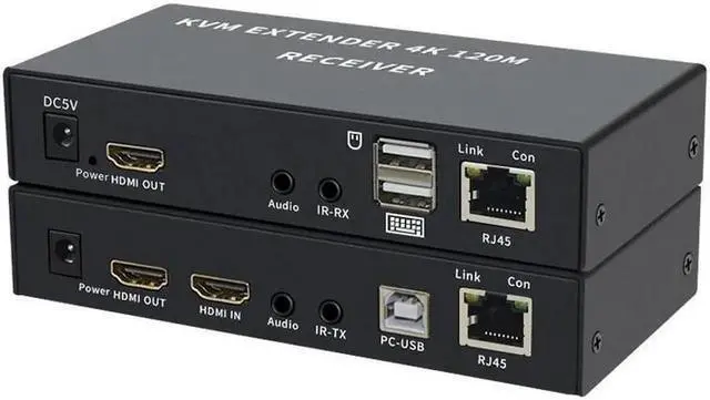 Alt view image 2 of 6 - 4K HDTV 120M KVM Extender HDMI-Compatible USB-A Keyboard Mouse 3.5mm AUX Aluminium Alloy Over CAT6 RJ45 Lan Ethernet Extender(With US Plug)