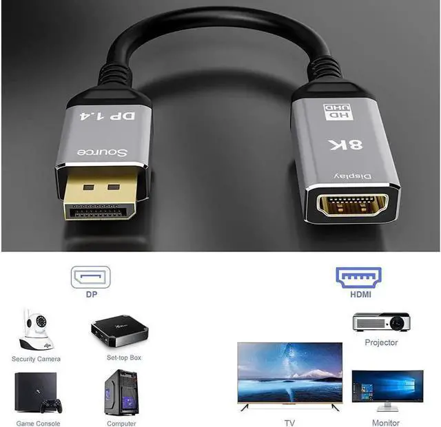 Alt view image 2 of 7 - DisplayPort 1.4 to HDMI 2.1 Ultra HD 8K Male to Female Cable 0.25m Converter 8K@60Hz 4K@120Hz Directional Compatible with DisplayPort PC and HDMI Displays Tvs