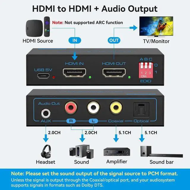 Alt view image 3 of 6 - 8K HDMI 2.1 Audio Extractor 4K120Hz to Optical 3.5mm AUX Adapter Splitter Converter Supports HDCP Digital DTS 5.1 PCM for PS4 PS5 Xbox