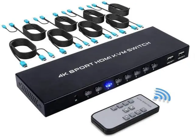 Main image of 8 Port KVM Switch HDMI, 4K@30Hz 8 in 1 Out HDMI KVM Switch for 8 PC Sharing 1 HD Monitor and 4 USB Devices with IR Remote & 8 HDMI Cables