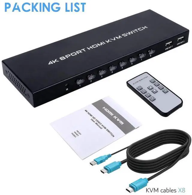 Alt view image 3 of 5 - 8 Port KVM Switch HDMI, 4K@30Hz 8 in 1 Out HDMI KVM Switch for 8 PC Sharing 1 HD Monitor and 4 USB Devices with IR Remote & 8 HDMI Cables
