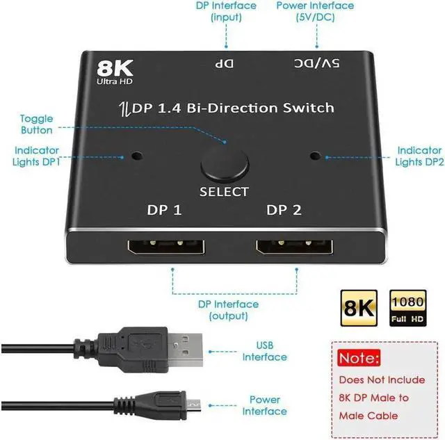 Alt view image 5 of 7 - 8K Displayport Splitter Switcher,ESTONE 8K@60Hz DP 1.4 Switcher, Two-Way DP Switch Selector Box 2x1 or 1x2, 4K@120Hz Manual Display Port Splitter 2 in 1 Out for Computer Monitor Projector TV