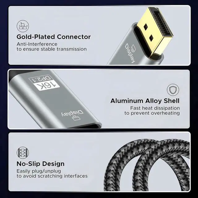 Alt view image 2 of 7 - USB C to DisplayPort 2.1 Cable 16K@30Hz 8K@120Hz 40Gbps Thunderbolt 4/3 to DisplayPort Cord Alu Braided Compatible iPhone 16/15 Pro Max, Galaxy S24, MacBook Pro/Air, iPad, Mac mini, XPS, 10FT