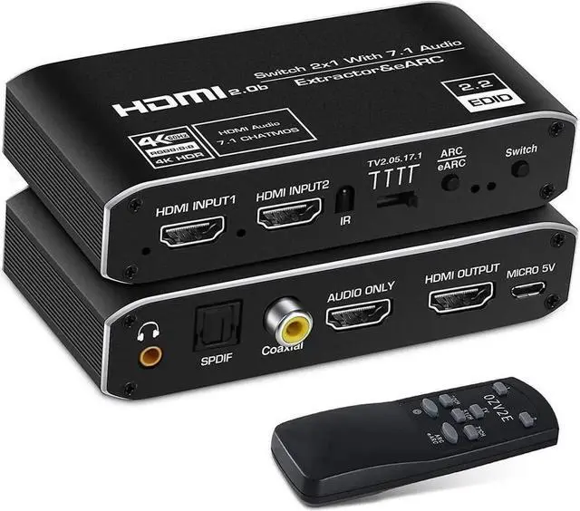Main image of 4K@60Hz eARC HDMI Swtich Audio Extractor, NEWCARE 2x1 HDMI Audio Converter with Remote Control, 7.1CH Atmos/ eARC/ARC/ Optical Toslink SPDIF/ Coaxial/ 3.5mm Audio Out, Supports HDCP2.3, HDMI2.0