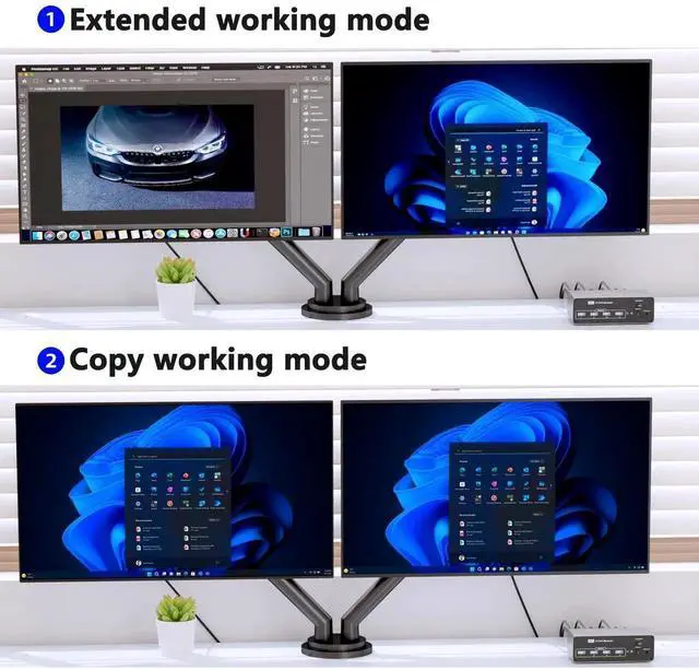 Alt view image 6 of 7 - KVM Switch 2 Monitors 2 Computers DisplayPort 8K @60Hz, USB 3.0 KVM Switches for 2 Computers Share Dual Monitor and 4 USB Devices, DisplayPort KVM with Wired Controller Support Extend/Copy Mode