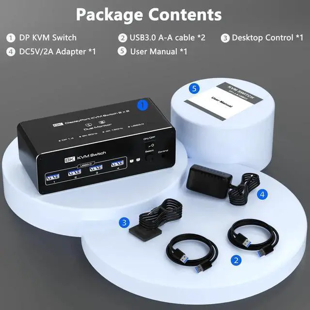 Alt view image 3 of 7 - KVM Switch 2 Monitors 2 Computers DisplayPort 8K @60Hz, USB 3.0 KVM Switches for 2 Computers Share Dual Monitor and 4 USB Devices, DisplayPort KVM with Wired Controller Support Extend/Copy Mode