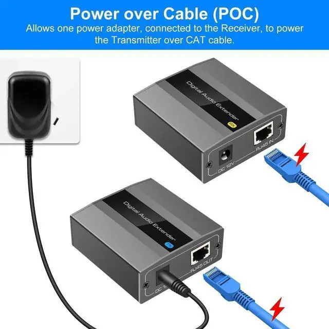 Alt view image 2 of 6 - Optical Coaxial Digital Audio Extender Over Ethernet Single Cat5e 6 7 Cable up to 1640ft Adapter Converter Support DTS 5.1 PCM Stereo POC Power on Cat