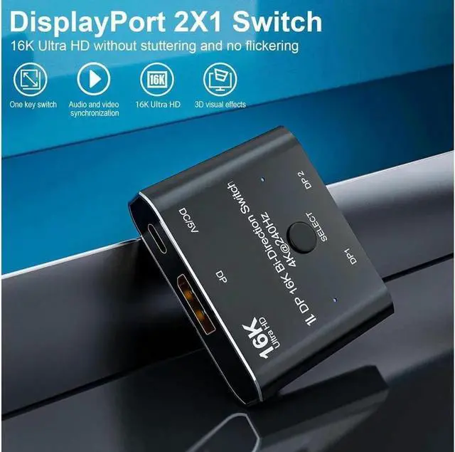 Alt view image 4 of 7 - 2 Port DisplayPort Switch, 16K@60Hz DP Switch Bi-Direction 8K@120Hz 4K@240Hz Displayport Splitter Converter for Multiple Source and displays 16K DP Video Converter