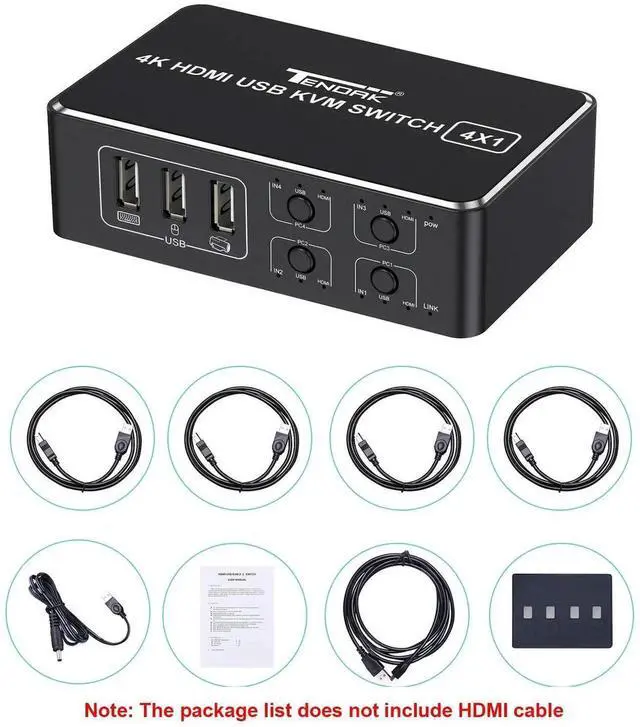 Alt view image 2 of 7 - HDMI KVM Switch, 4K HDMI 4 in 1 Out KVM Switch Box Keyboard Mouse Printer Switcher Include 4 USB Type-B Cable Support 4K@60Hz, EDID/HDCP 2.2 3D for Laptop PS4 HDTV Monitor