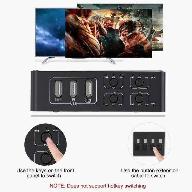 Alt view image 6 of 7 - HDMI KVM Switch, 4K HDMI 4 in 1 Out KVM Switch Box Keyboard Mouse Printer Switcher Include 4 USB Type-B Cable Support 4K@60Hz, EDID/HDCP 2.2 3D for Laptop PS4 HDTV Monitor