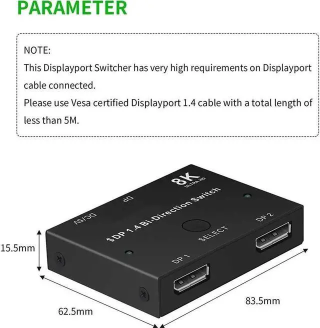 Alt view image 6 of 7 - Displayport Switch Bi-Directional DP 1.4 Switcher, 8K@30Hz 4K@120Hz 2K@144Hz DisplayPort 1.4 Switcher Converter 2X1 or 1X2 for Multiple Source and Displays