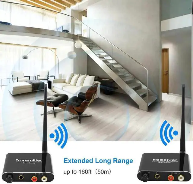 Alt view image 4 of 7 - 2.4Ghz Wireless Audio Transmitter Receiver, 160 ft Long Range Low Latency Wireless Audio Adapter with Volume Control for Subwoofer/Powered Speaker/Soundbar, RCA or 3.5mm Jack Input/Output