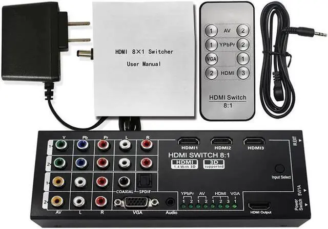 Main image of RCA VGA Video AV Audio HDMI Switch 8x1 Switcher Analog HDTV Splitt Converter Box Multi-Functional HDMI Converter Switch 8 Inputs to HDMI+COAXIAL+SPDIF Output Support 3D and Surround Sound for 1080P HD