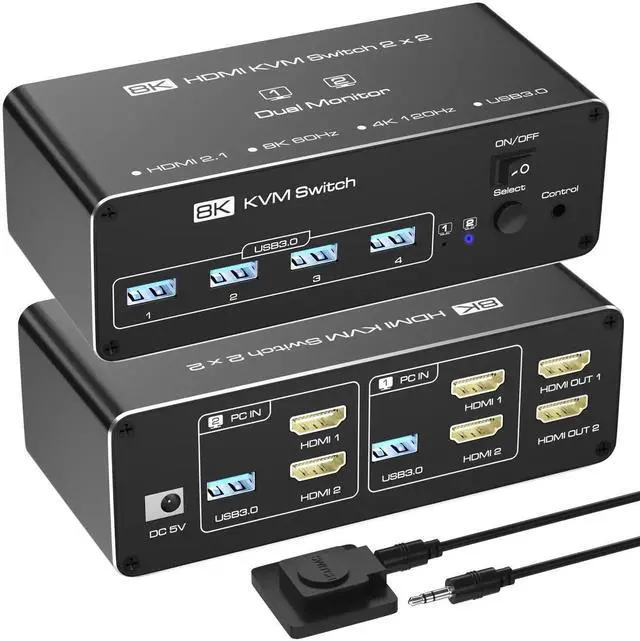 Main image of KVM Switch 2 Monitors 2 Computers, HDMI KVM Switches 8K@60Hz, USB 3.0 Switch for 2 PC Share 2 Screens, Support Extended/Copy Mode with Desktop Controller with 2 USB Cables & Desktop Controller