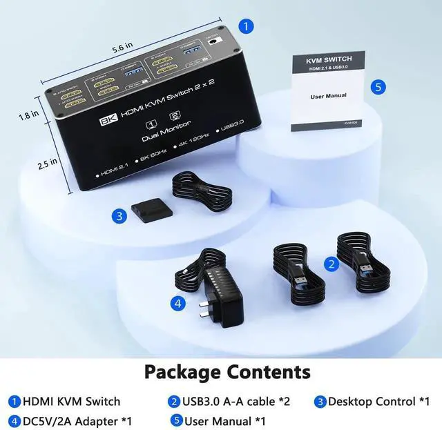 Alt view image 5 of 6 - KVM Switch 2 Monitors 2 Computers, HDMI KVM Switches 8K@60Hz, USB 3.0 Switch for 2 PC Share 2 Screens, Support Extended/Copy Mode with Desktop Controller with 2 USB Cables & Desktop Controller