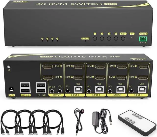 Main image of HDMI KVM Switch 4 in 2 Out Dual Monitor Extended Display 4K @60Hz 4:4:4 with Audio and USB 2.0 Hub Sharing PC Monitor Keyboard Mouse Switcher