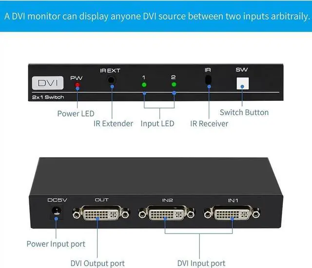 Alt view image 3 of 7 - DVI Switch 2 in 1 Out 4K Port Switcher Selector for PC Laptop DVR Projector HDTV Devices HDCP