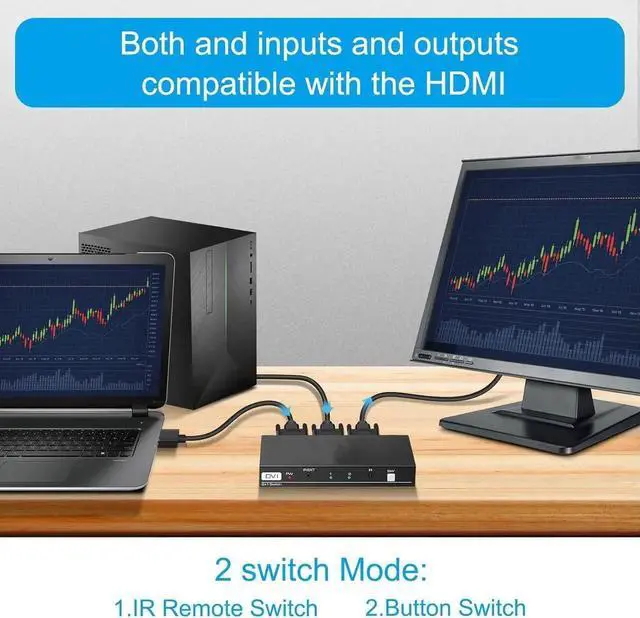 Alt view image 6 of 7 - DVI Switch 2 in 1 Out 4K Port Switcher Selector for PC Laptop DVR Projector HDTV Devices HDCP