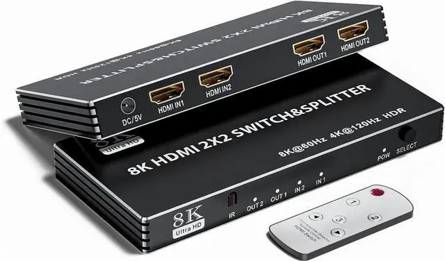 Main image of 2x2 HDMI Switch Splitter, HDMI 2.1 Switcher 2 in 2 Out 8K@60Hz 4K@120Hz, w/IR Remote Control, Supports HDCP 2.3 HDR, HDR10, HDR 10+, 3D