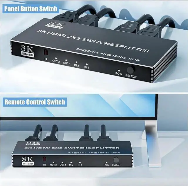 Alt view image 7 of 7 - 2x2 HDMI Switch Splitter, HDMI 2.1 Switcher 2 in 2 Out 8K@60Hz 4K@120Hz, w/IR Remote Control, Supports HDCP 2.3 HDR, HDR10, HDR 10+, 3D