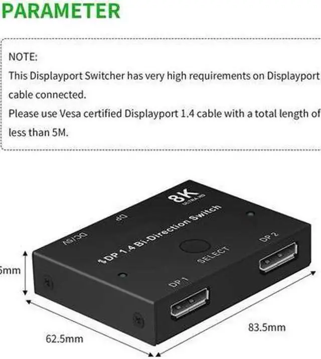 Alt view image 4 of 7 - 8K Displayport 1.4 Switch, Bi-Directional 1in 2 Out or 2in 1out DP 1.4 Switcher Converter Supports 8K@30Hz 4K@120hz 2K@144hz for Dual DP Sources or Displays