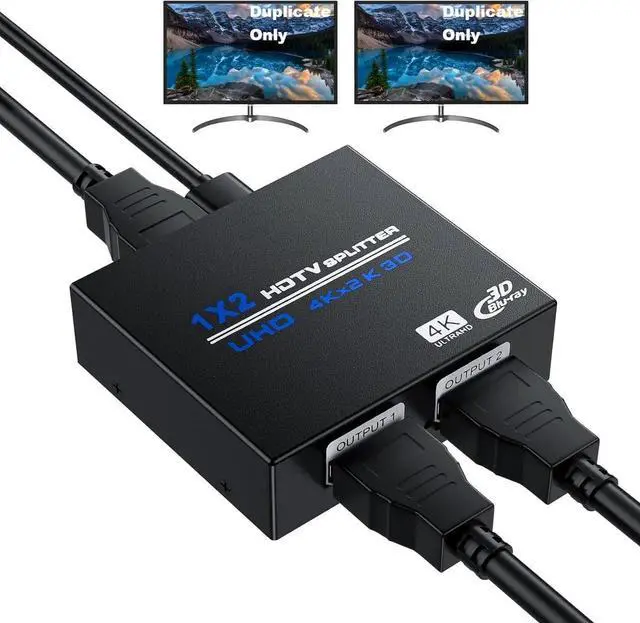 Main image of HDMI Splitter 1 in 2 Out 4K, 1x2 Powered HDMI Multi-Port Adapter for Dual Monitor, Support 4K UltraHD 3D HDR, Duplicate/Mirror Screens, Ideal for Xbox Ps5 Ps4 Ps3 Fire Stick Blu-Ray Player HDTV