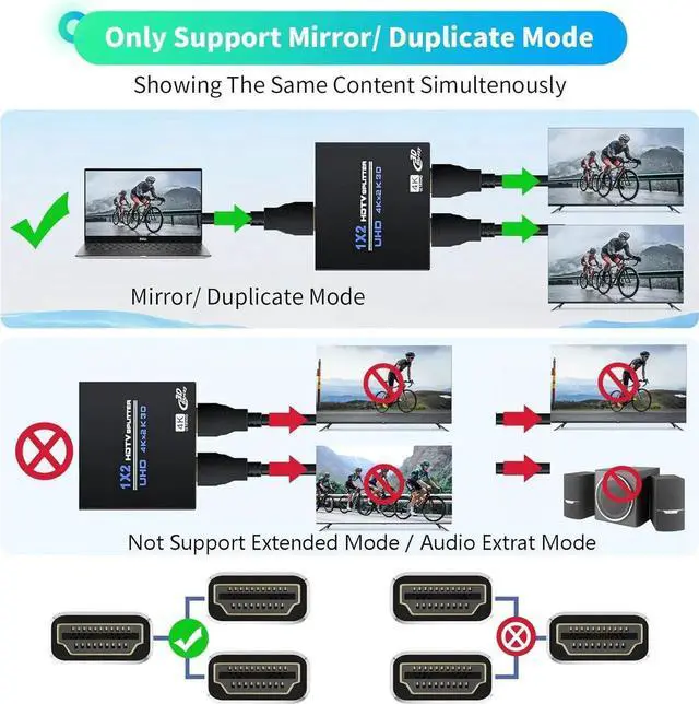 Alt view image 3 of 7 - HDMI Splitter 1 in 2 Out 4K, 1x2 Powered HDMI Multi-Port Adapter for Dual Monitor, Support 4K UltraHD 3D HDR, Duplicate/Mirror Screens, Ideal for Xbox Ps5 Ps4 Ps3 Fire Stick Blu-Ray Player HDTV