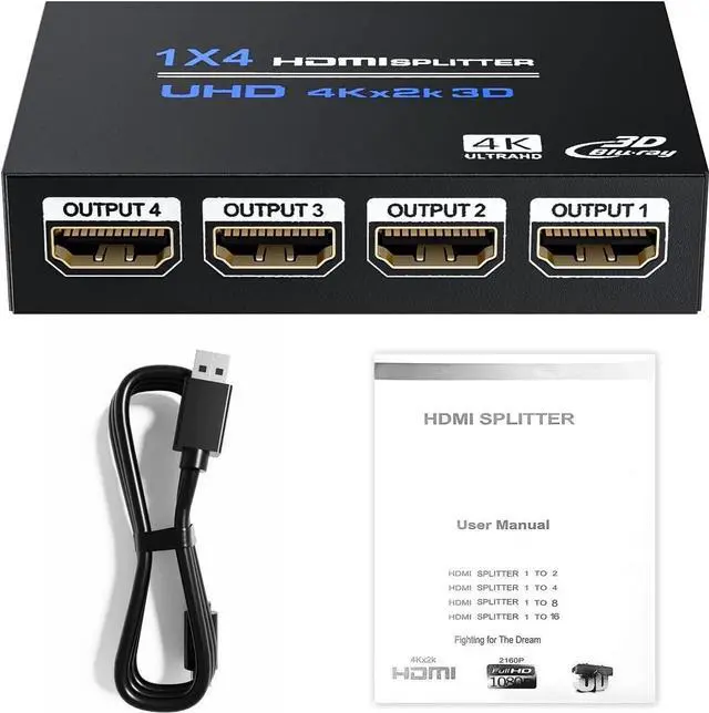 Alt view image 3 of 7 - HDMI Splitter 1 in 4 Out 4K@30Hz, Powered 1x4 HDMI Video Splitter 4 Ports with Power Cord, Duplicate/Mirror Screen, Supports UltralHD 3D 1080P HDCP 1.4 for HDTV, DVD, PS5/4/3, Projector, Etc