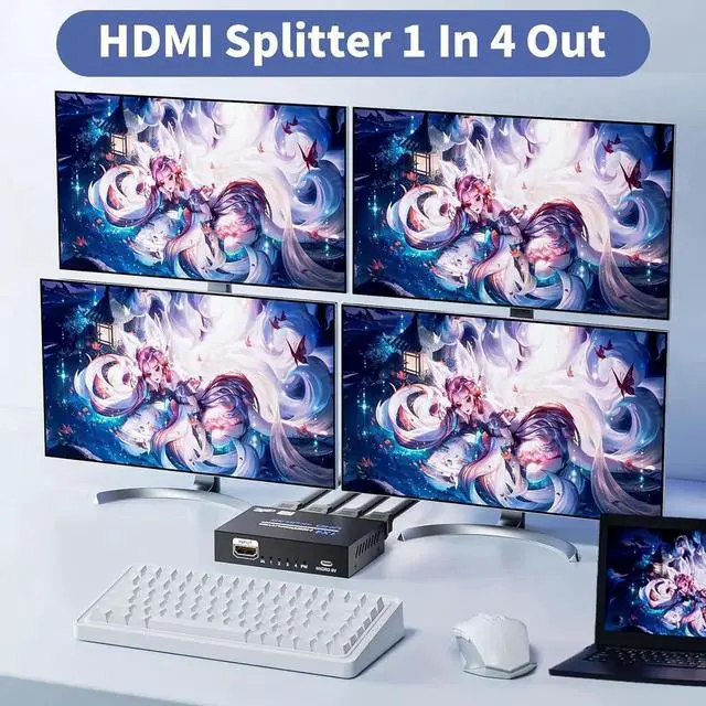 Alt view image 5 of 7 - HDMI Splitter 1 in 4 Out 4K@30Hz, Powered 1x4 HDMI Video Splitter 4 Ports with Power Cord, Duplicate/Mirror Screen, Supports UltralHD 3D 1080P HDCP 1.4 for HDTV, DVD, PS5/4/3, Projector, Etc