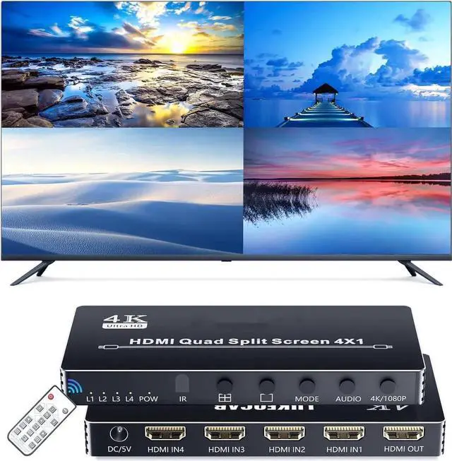 Main image of HDMI Multi-Viewer 4X1, Seamless Switcher 4 in 1 Out, Quad Multi Viewer Switcher with IR Remote, Supports 4K 30Hz, 5 Display Modes for Security Camera, Gaming Consoles
