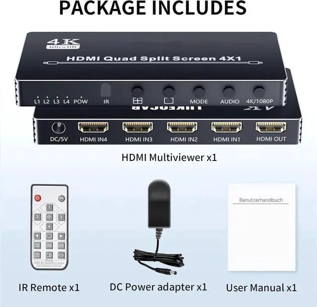 Alt view image 2 of 7 - HDMI Multi-Viewer 4X1, Seamless Switcher 4 in 1 Out, Quad Multi Viewer Switcher with IR Remote, Supports 4K 30Hz, 5 Display Modes for Security Camera, Gaming Consoles
