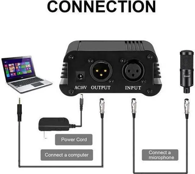 Alt view image 2 of 6 - 1Channel 48V Phantom Power Supply with Adapter BONUS+XLR 3 Pin Microphone Cable for Any Condenser Microphone Music Recording Equipment