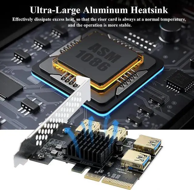 Alt view image 4 of 6 - PCI Express Multiplier Riser Card - PCI-E 4X to External 4 PCI-E USB 3.0 Converter Adapter Card for Bitcoin ETH Mining Miner Device