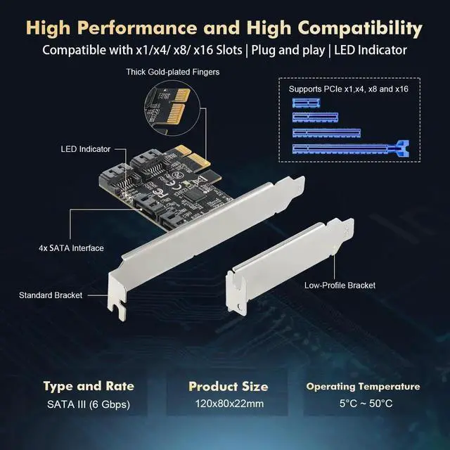 Alt view image 6 of 7 - PCIE X1 to SATA Card 4 Port, 6Gbps SATA 3.0 Controller, Includes 4 SATA Cables and Low Profile Bracket, for Windows 10/11
