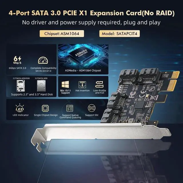 Alt view image 4 of 7 - PCIE X1 to SATA Card 4 Port, 6Gbps SATA 3.0 Controller, Includes 4 SATA Cables and Low Profile Bracket, for Windows 10/11