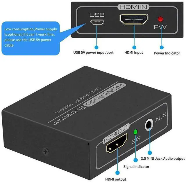Alt view image 4 of 7 - HDMI Audio Extractor 4K with 3.5mm AUX Stereo and L/R RCA Out Converter Adapter Splitter Support 4K 1080P 3D Compatable for PS3 Xbox Fire Stick