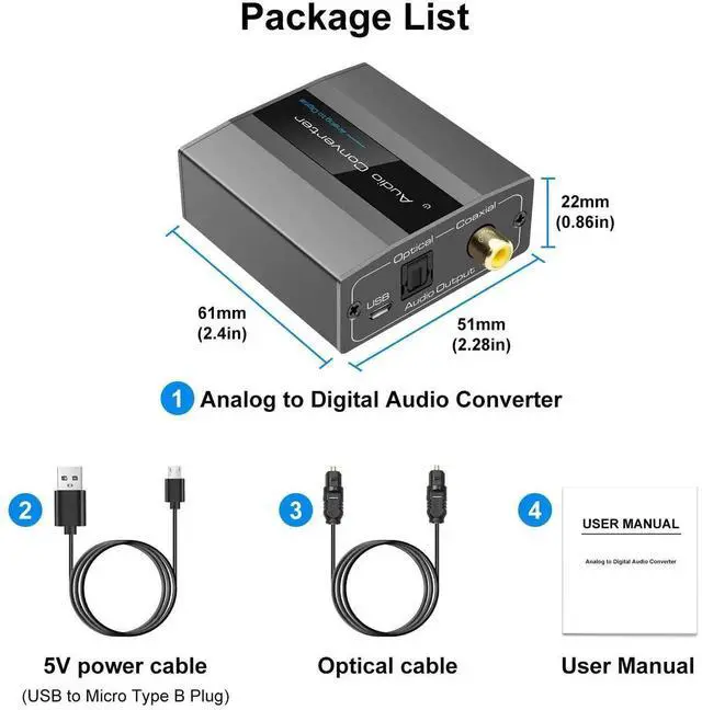 Alt view image 5 of 6 - Analog to Digital Audio Converter RCA to Optical with Cable 3.5mm AUX Jack Toslink and Coaxial Adapter for Soundbar