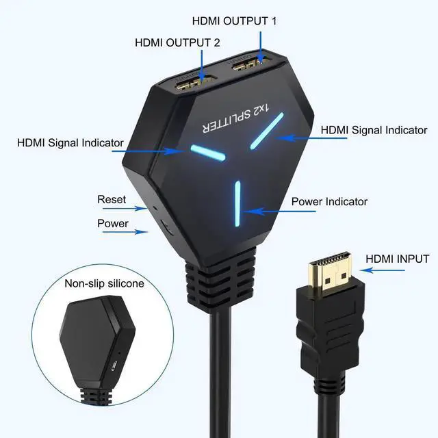 Alt view image 5 of 7 - HDMI Splitter for Dual Monitors Duplicate/Mirror (Not Extend), 4K HDMI Splitter 1 in 2 Out for Full HD 4K@30hz, 1080P, 3D, Compatible with Xbox, PS4, PS5, TV, Projector, Computer