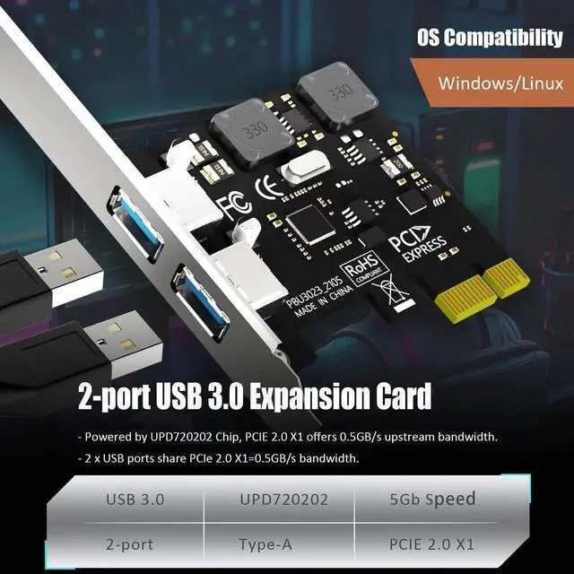 Alt view image 4 of 7 - U3023 2-Port USB 3.0 Type-A 5Gb PCIe Expansion Card for Intel, AMD, and ARM Platform, Compatible with Windows and Linux (Not Support Mac OS)