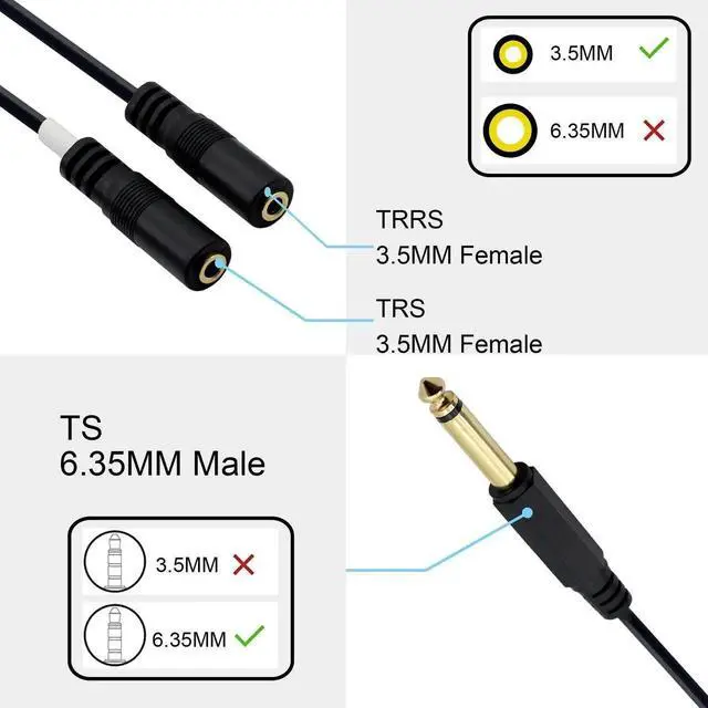 Alt view image 6 of 7 - 1/4" to 1/8" TRS/TRRS Adapter 6.35mm Male to 3.5mm Female Stereo Audio Cable Y-Splitter Adapter for Amplifiers, Guitars, Pianos, Home Theater Equipment Etc.