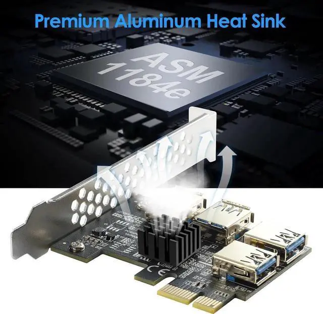 Alt view image 5 of 7 - PCI-E 1 to 4 PCI-Express 16X Slots Riser Card - Higher Stability USB 3.0 Adapter Multiplier Card for Bitcoin Mining Compatible with Windows Linux Mac(No USB Cables)