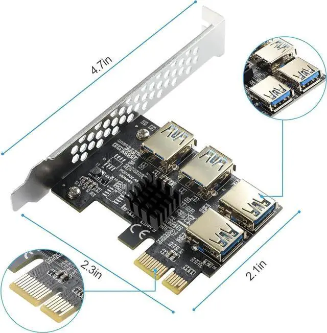 Alt view image 4 of 7 - PCI-E 1 to 4 PCI-Express 16X Slots Riser Card - Higher Stability USB 3.0 Adapter Multiplier Card for Bitcoin Mining Compatible with Windows Linux Mac(No USB Cables)