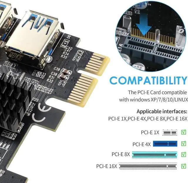 Alt view image 2 of 7 - PCI-E 1 to 4 PCI-Express 16X Slots Riser Card - Higher Stability USB 3.0 Adapter Multiplier Card for Bitcoin Mining Compatible with Windows Linux Mac(No USB Cables)