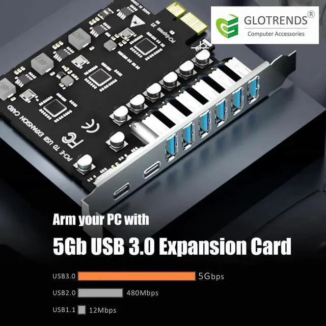 Alt view image 5 of 7 - U6A2C 8-Port (2 x Type-C+ 6 x Type-A) USB 3.0 5Gbps PCIe Expansion Card for Intel, AMD, and ARM Platform, Compatible with Windows and Linux (Not Support Mac OS)