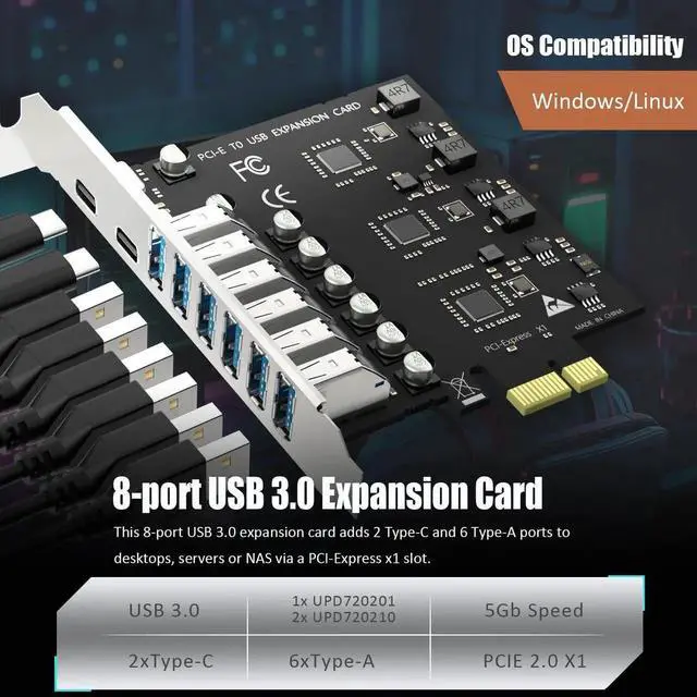 Alt view image 6 of 7 - U6A2C 8-Port (2 x Type-C+ 6 x Type-A) USB 3.0 5Gbps PCIe Expansion Card for Intel, AMD, and ARM Platform, Compatible with Windows and Linux (Not Support Mac OS)
