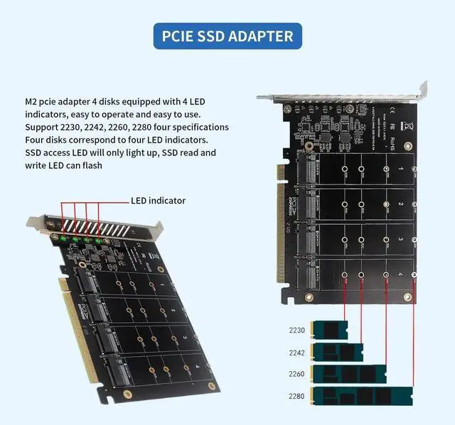 Alt view image 2 of 7 - 4 Port NVMe to PCIe Host Controller Expansion Card, M.2 NVME to PCIe X16 Adapter, Support 2230 2242 2260 2280, System Free Drive, 4×32Gbps, with Mounting Accessories (ph44)