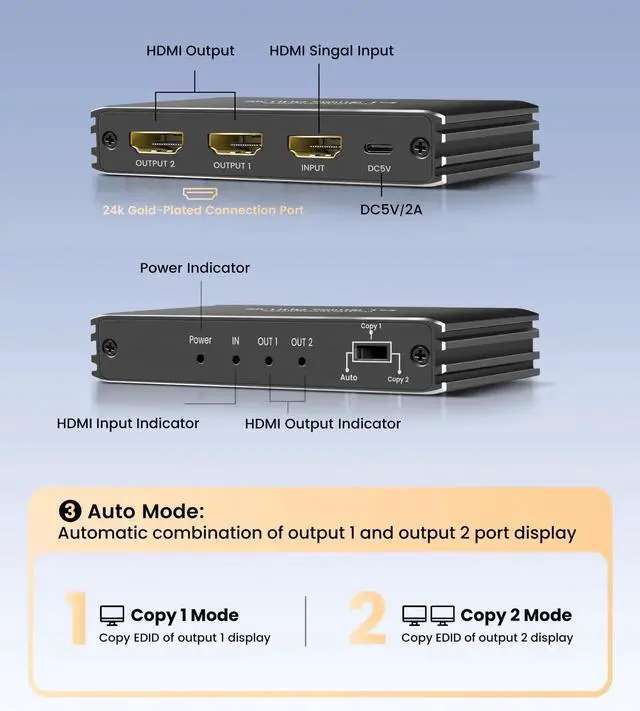 Alt view image 7 of 7 - HDMI 2.1 Splitter 1 in 2 Out, 8K@60Hz HDMI Splitter for Mirror Screen(Not Extend Diferent Screen), Support 48Gbps,4K@120Hz, HDCP 2.3, HDR 10+, RGB 4:4:4, for PS5/Xbox/Streaming Devices