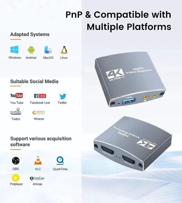 Alt view image 5 of 7 - 4K HDMI Video Capture Card with Microphone HDMI Loop-Out, 1080P 60FPS Game Capture Card for Live Streaming, HDMI Capture Card Compatible with Nintendo Switch, PS5/4 PC, Xbox One