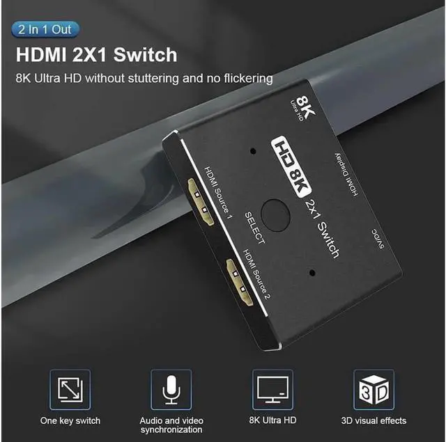 Alt view image 2 of 7 - HDMI Ultra HD 8K 2.1 High Speed 48Gbps Directional Switch Only 2in 1out 8K@60Hz 4K@120Hz Converter Compatible with Xbox PS5 Projectors Monitors